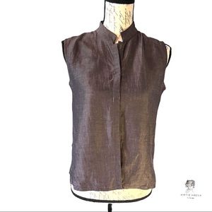 Eileen Fisher Brown Linen Silk Blend Mandarin Collar Sleeveless Blouse Petite M